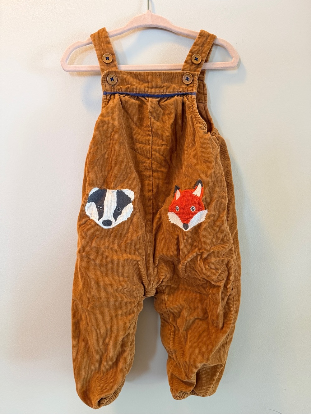 Baby Boden Rust Brown Corduroy Overalls with Fox & Badger Appliqués